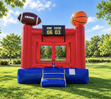 Sports Party Package - Bounce House, 2 Inflatable Sports Games, Tables and Chairs